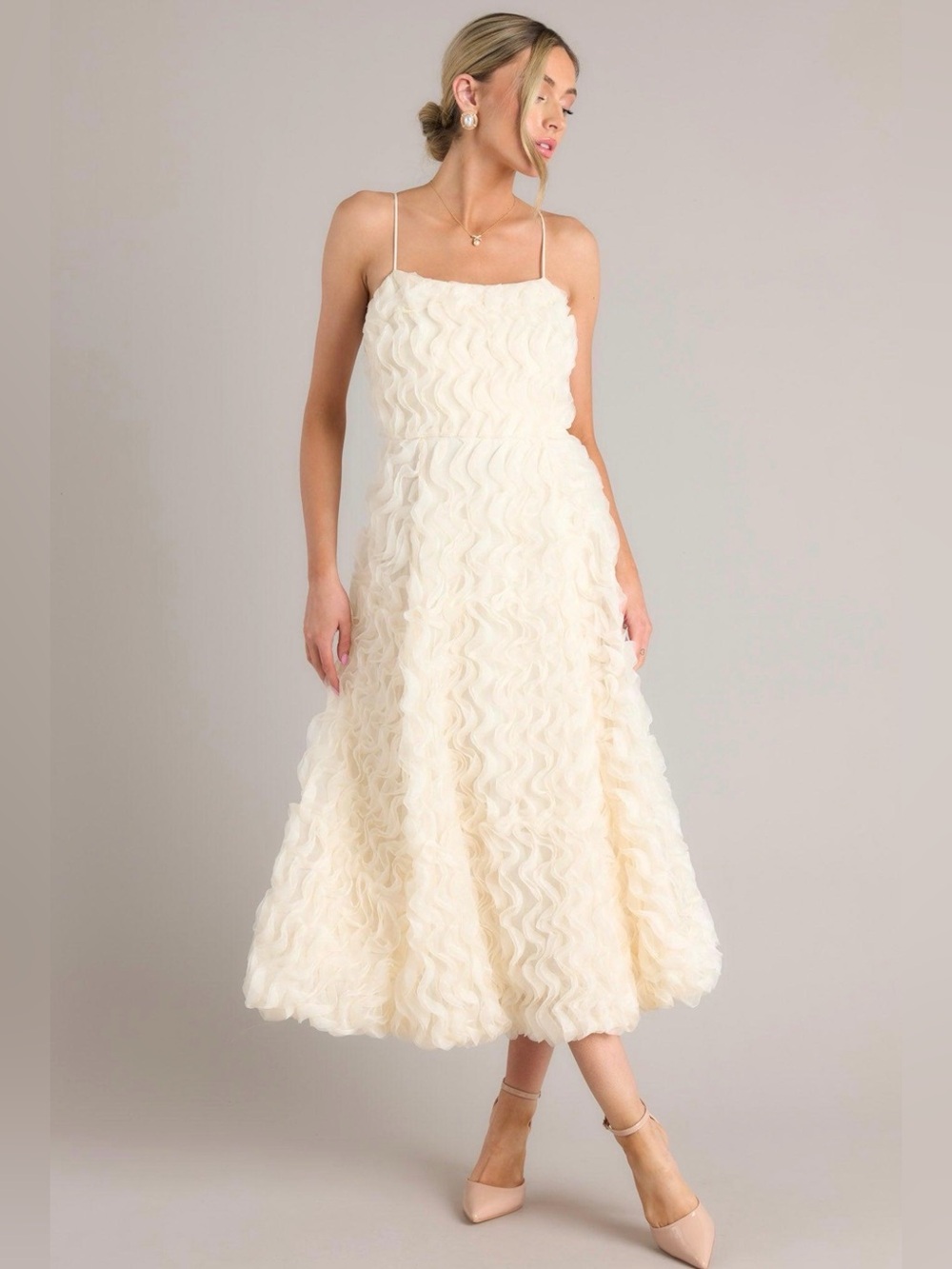 Just Me Ivory Cream Ruffle Textured Midi Dress Size S NWOT